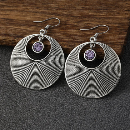 Vintage Style Big Round Shape Drop Earrings Inlaid Shiny Synthetic Gems Boho Style Hook Earrings
