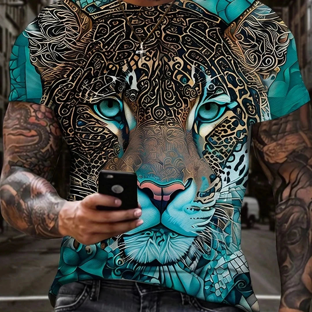 Summer men's 3D lion and tiger pattern T-shirt, casual micro elastic breathable T-shirt, suitable for outdoor jogging wear - AMULET RING STORE
