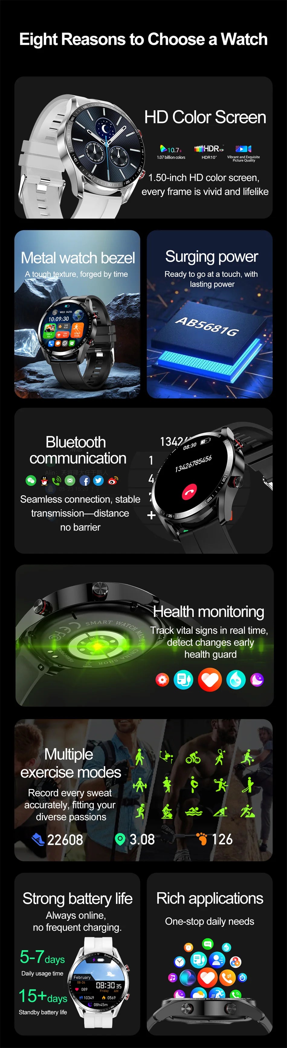 New Business Smart Watch Men 1.53 inch Full Screen Touch Multi Sport Mode ECG+PGG Sport Waterproof Bluetooth Call Smartwatches
