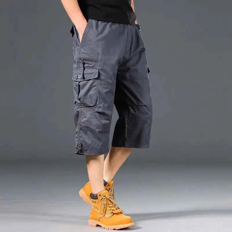 Summer Men's Cargo Shorts Loose Casual Below Knee Pants Elastic Waist Plus Size Outdoor Jogging Tactical Capri Pants