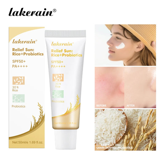 Lakerain SPF50+ Rice+Probiotics Sunscreen Skin Protection Refreshing Makeup Sunscreen Cream UV Resistance Facial Sunscreen New - AMULET RING STORE