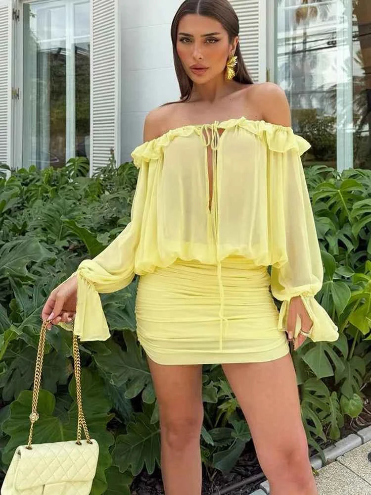 Sisterlinda Ruched Elegant Dress Women Sexy Hollow Ruffles Shirring Slash Neck Backless Puff Sleeve Street Fashion Mini Bodycon