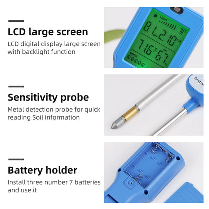 90° Digital 6 in 1 Multifunctional Soil PH Temperature Meter Farm Garden Fertility Moisture Sunlight Humidity Tester Detector - AMULET RING STORE