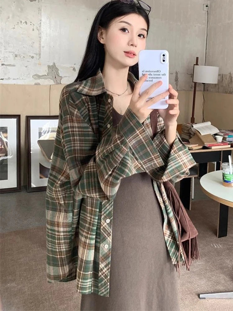 Zoki American Y2K Plaid Shirt Women Loose Streetwear Long Sleeve Vintage Blouse Casual Oversize All Match Female Spring Tops New - AMULET RING STORE