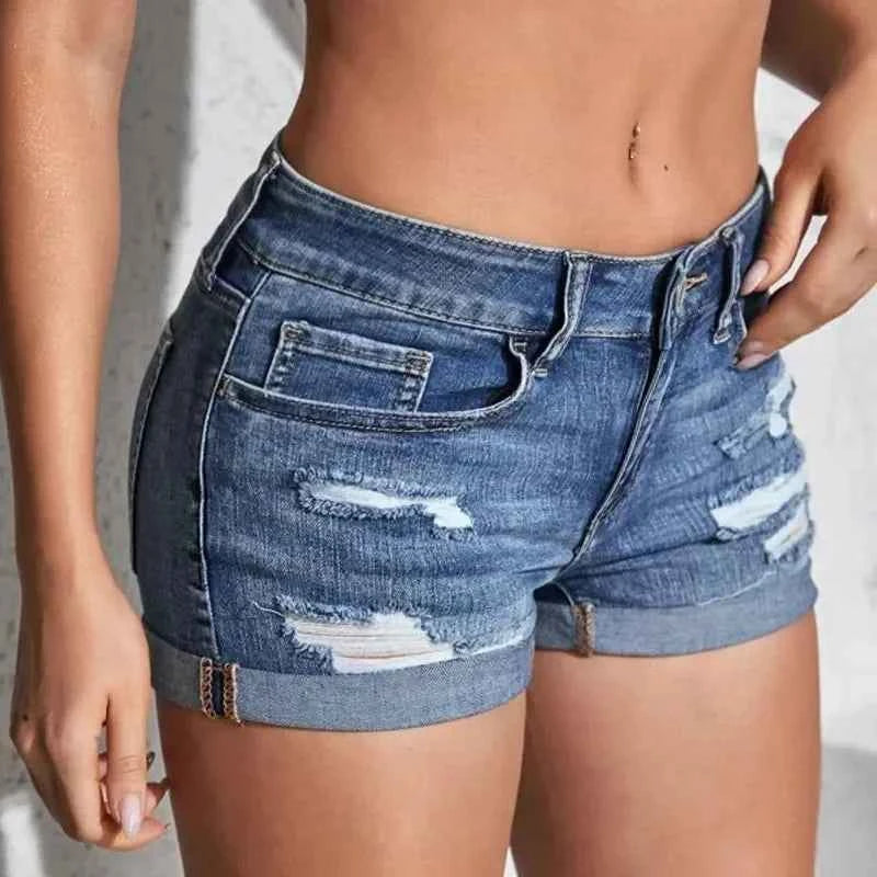 Women's Split Denim Shorts Summer Beach Wild Fashion Sexy Mid Waist Curled Cuff Perforated Elastic Slim Fit Casual Shorts