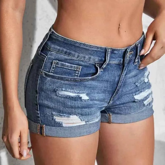 Women's Split Denim Shorts Summer Beach Wild Fashion Sexy Mid Waist Curled Cuff Perforated Elastic Slim Fit Casual Shorts
