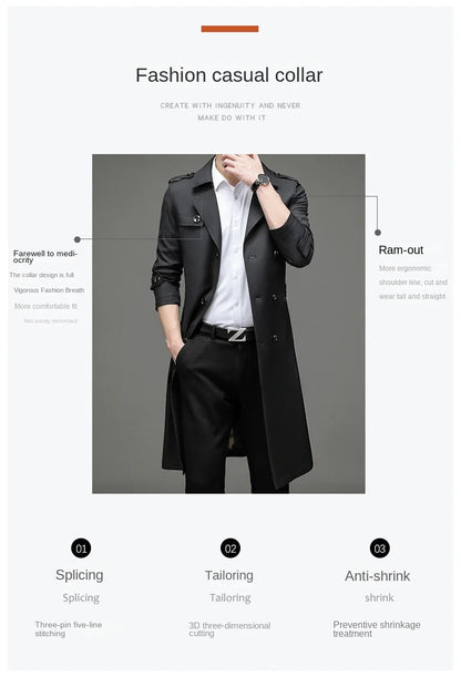 Brand Business Men's Windbreaker 2023 Autumn High-quality Khaki Navy Black Double-breasted Trench Coat Fashion Male New Clothing - AMULET RING STORE