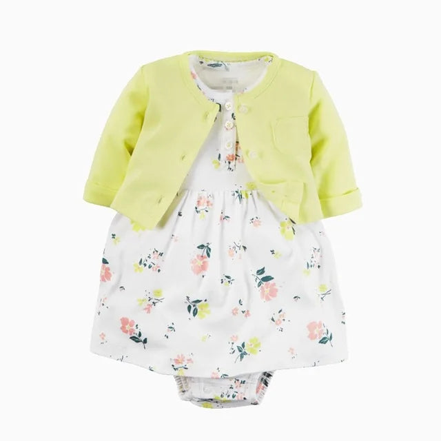 Infant Baby Girls Bodysuit Dress Cotton Floral Baby Girls Long-Sleeved Coat+Short SLeeve Dress 2Pieces Baby Girls Clothes sets