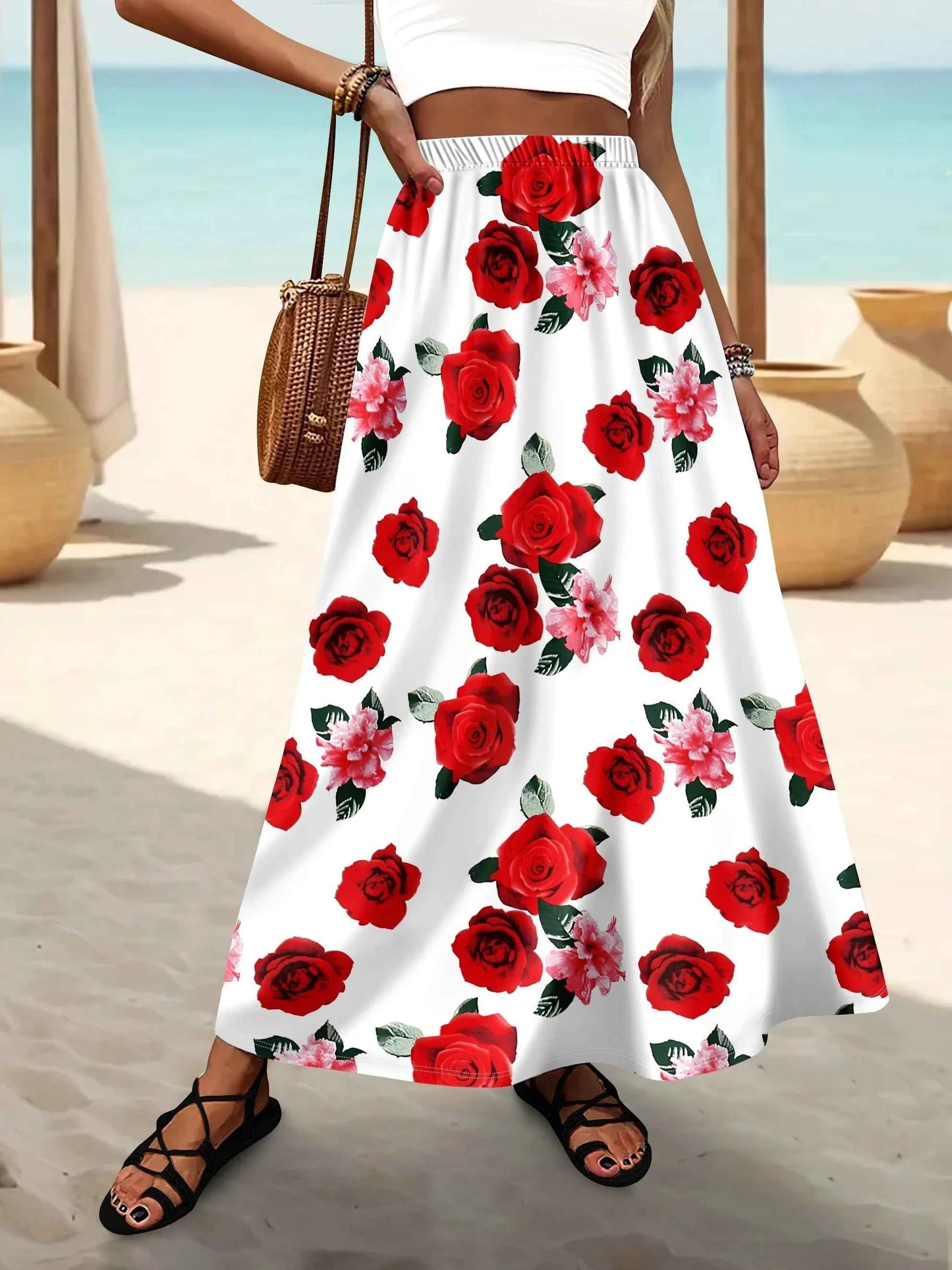Scarlet Rose & Blush Blossom Print Elastic High - Waist A - Line Vacation Maxi Skirt: Romantic Waltz Vibes