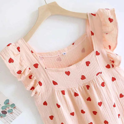 2025 Summer Women's New Sleeping Skirt 100% Cotton Crepe Wood Ear Edge Tank Top Skirt Love Belt Chest Cushion Home Dress Ladies