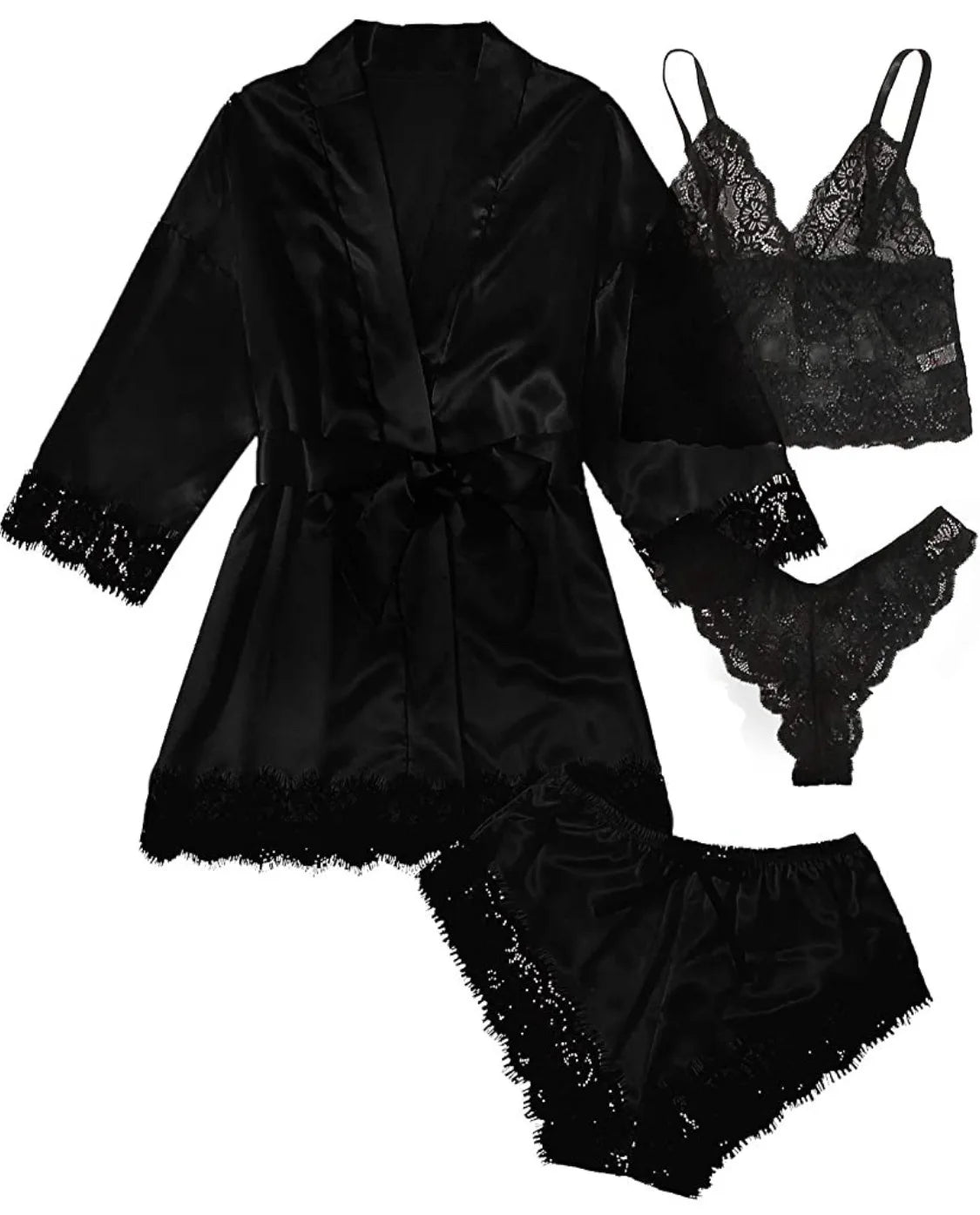 2025New Women's Pajama Fashion 4-piece Set Lace Satin Strap Sexy Pajama Set Dress Skin friendly Comfortable Casual Pajama Skirt - AMULET RING STORE