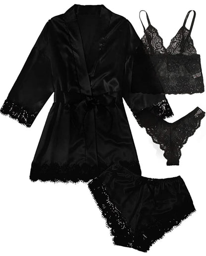 2025New Women's Pajama Fashion 4-piece Set Lace Satin Strap Sexy Pajama Set Dress Skin friendly Comfortable Casual Pajama Skirt - AMULET RING STORE