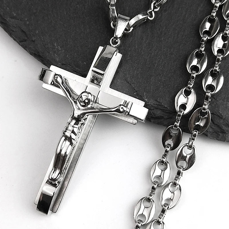 Jesus Cross Crucifix Pendant Necklace for Men Stainless Steel Gold Color Christian Coffee Bean Chain Jewelry croix chrétienne - AMULET RING STORE