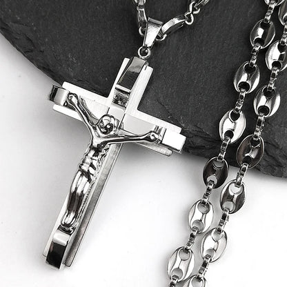 Jesus Cross Crucifix Pendant Necklace for Men Stainless Steel Gold Color Christian Coffee Bean Chain Jewelry croix chrétienne - AMULET RING STORE