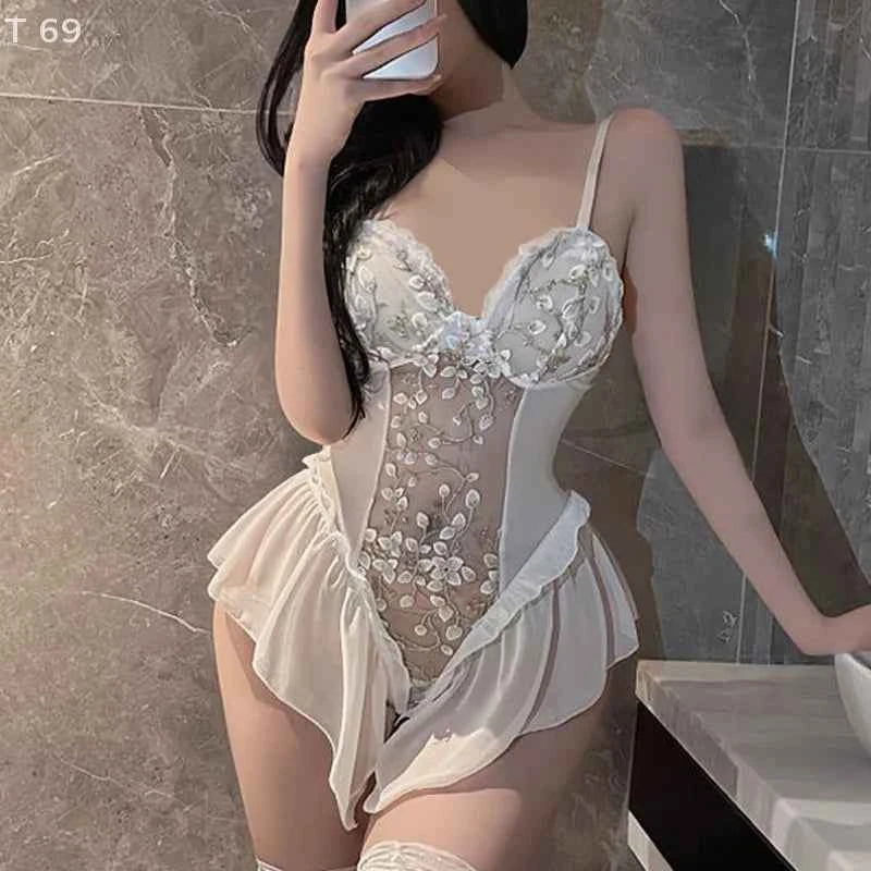 Sexy Deep V Flower Vine Open Crotch Bodysuit Suspender Embroidery Ballet Nightdress Slim Gathered Mesh Bodycon