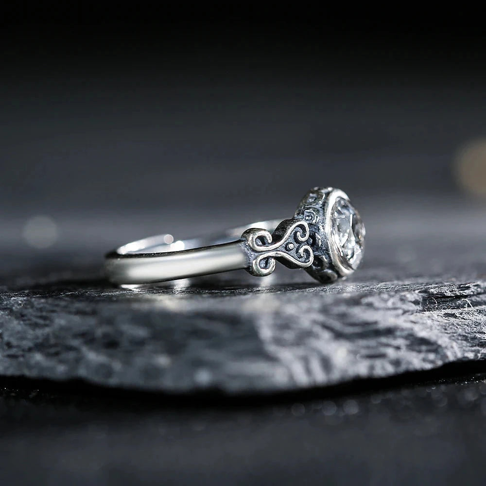 Vintage S925 sterling silver ring paired with natural white crystal, Bohemian style ring, birthday gift jewelry, adjustable size - AMULET RING STORE