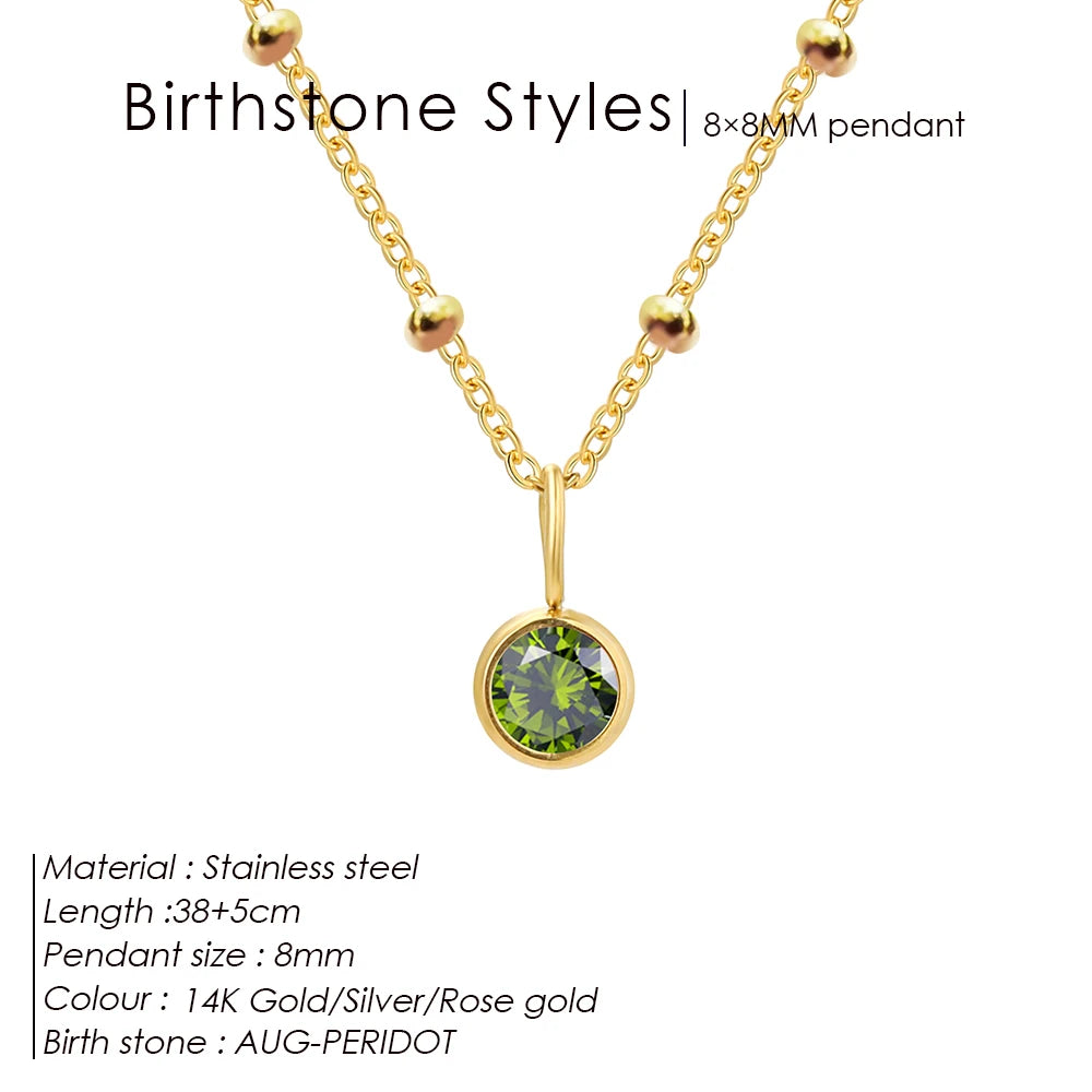 Stainless Steel Birthstone Necklace Beaded Chain Zirconia Pendant DIY Necklace Constellation Birthday Gift Jewelry Wholesale