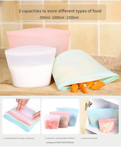1/3/4Pcs/Pack Silicone Storage Bag,Reusable Food Grade Fresh-keeping Zipper Bags,BPA Free,Leakproof,Microwave&Dishwasher Safe - AMULET RING STORE