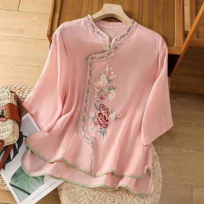 Casual Loose Blouse Shirt Women Clothes Summer Cotton Linen Ladies Tops Tee Blusas Vintage Embroidery Woman Shirt Camiseta Mujer
