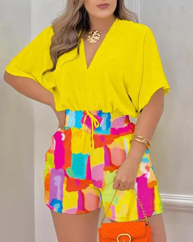 Summer Fashion Jumpsuit Women 2024 Batwing Sleeve Shirred Waist Casual Plain V-Neck Short Sleeve Above Knee Romper Streetwear - AMULET RING STORE