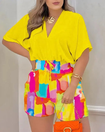 Summer Fashion Jumpsuit Women 2024 Batwing Sleeve Shirred Waist Casual Plain V-Neck Short Sleeve Above Knee Romper Streetwear - AMULET RING STORE