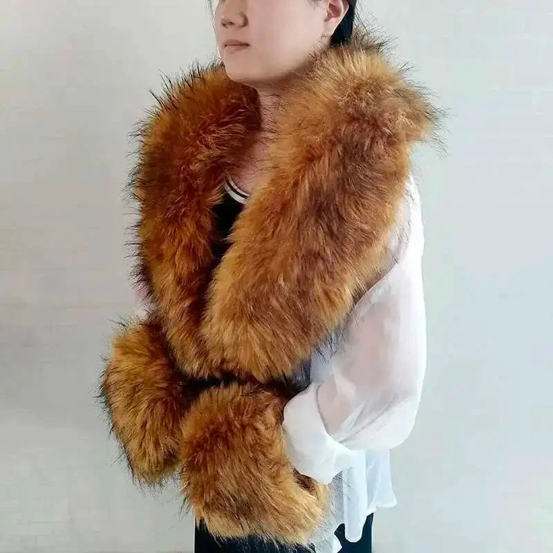 Large Winter Faux Fox Fur Scarf Women Jackets Warm Fluffy Shawl Fashion Artificial Fur Collar And Cuff Set Fluffy Scarves Female