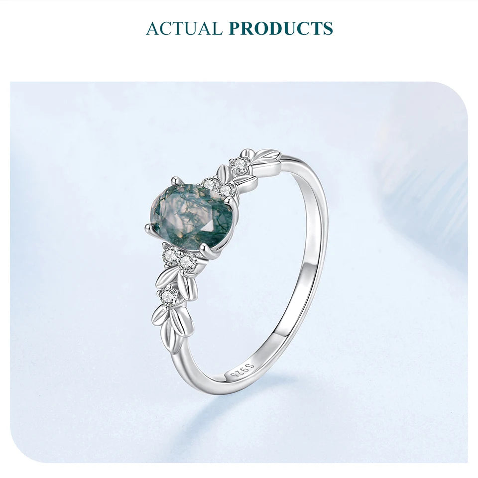 WOSTU Natural Moss Agate Ring For Women  925 Sterling Silver Oval Cut Sea Grass Agate Flower Rings Wedding Party Jewelry Gift