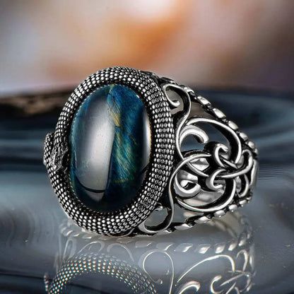 New Authentic Sterling Silver Antique Turkish Snake Ring And Blue Tiger Eye Stone Men's Colorful Punk Rock Jewelry