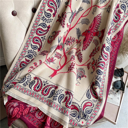 Winter Scarf Women Soft Cashmere Warm Pashmina Ethnic Blue Bird Print Scarves Wraps Thick Shawl Bufandas Tassel Stoles Hijabs - AMULET RING STORE