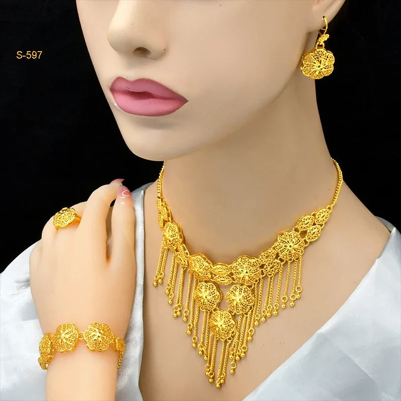 ANIID Africa Luxury Charm Necklace Sets With Tassel for Lady Indian Bridal Nigeria 24k Gold Plated Jewelry Set Party Gifts