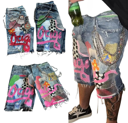 Gothic Punk Skull Letter Pattern Patchwork Shorts Men Y2k Streetwear Pants Hip Hop Fashion Denim Shorts Summer New Hot Sale - AMULET RING STORE