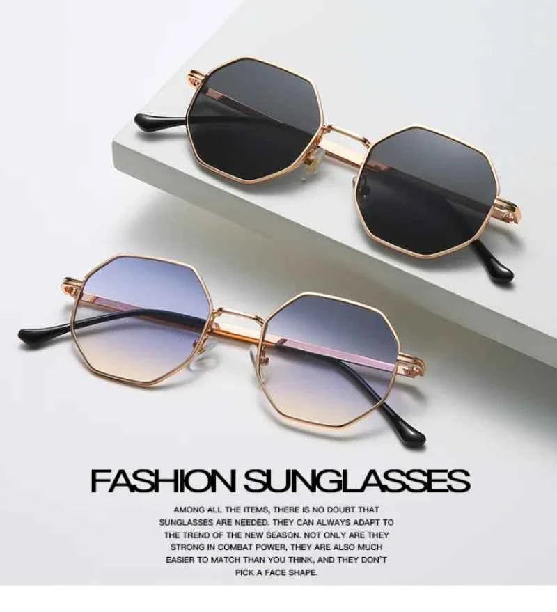 Vintage Polygonal Women Sunglasses Trendy Brand Metal Small Frame Gold-trimmed Gradient Sun Glasses