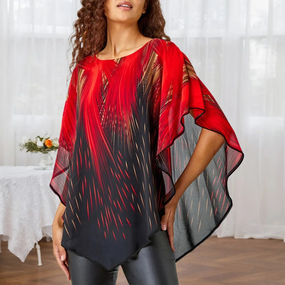 Plus Size Women's Aurora Printed Gauze Cloak Sleeve Blouse Tunic Tops Ladies Summer Casual Loose T Shirts Tee XL 2XL 3XL 4XL 5XL