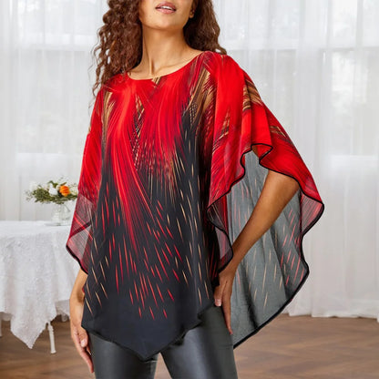 Plus Size Women's Aurora Printed Gauze Cloak Sleeve Blouse Tunic Tops Ladies Summer Casual Loose T Shirts Tee XL 2XL 3XL 4XL 5XL