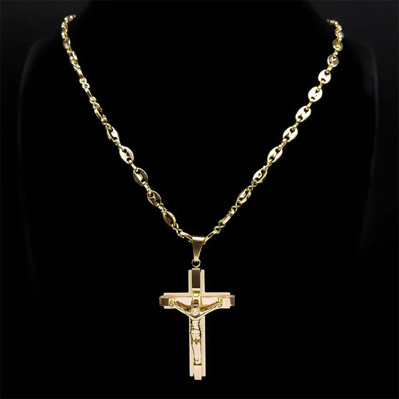 Jesus Cross Crucifix Pendant Necklace for Men Stainless Steel Gold Color Christian Coffee Bean Chain Jewelry croix chrétienne - AMULET RING STORE