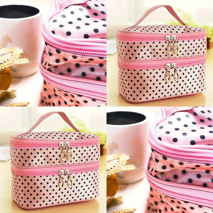 Stylish Double Layer Polka Dot Makeup Bag with Handle & Brush Holder, Compact Toiletry Organizer for Women’s Travel & Beauty E - AMULET RING STORE