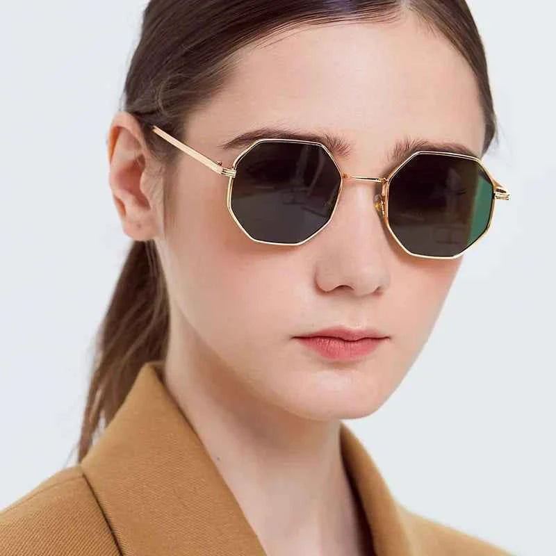 Vintage Polygonal Women Sunglasses Trendy Brand Metal Small Frame Gold-trimmed Gradient Sun Glasses