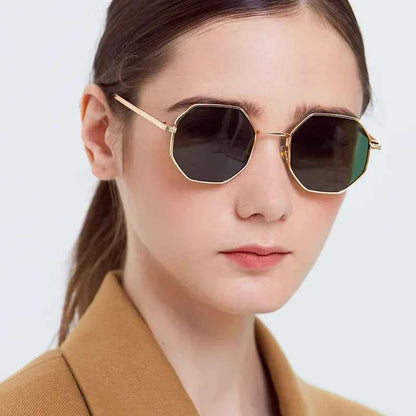 Vintage Polygonal Women Sunglasses Trendy Brand Metal Small Frame Gold-trimmed Gradient Sun Glasses