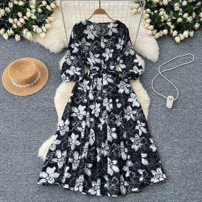 Elegant Boho Floral Print Floral Pleated Maxi Long Dress Female V Neck Puff Sleeve Belt Dresses Women Summer Dress Robe