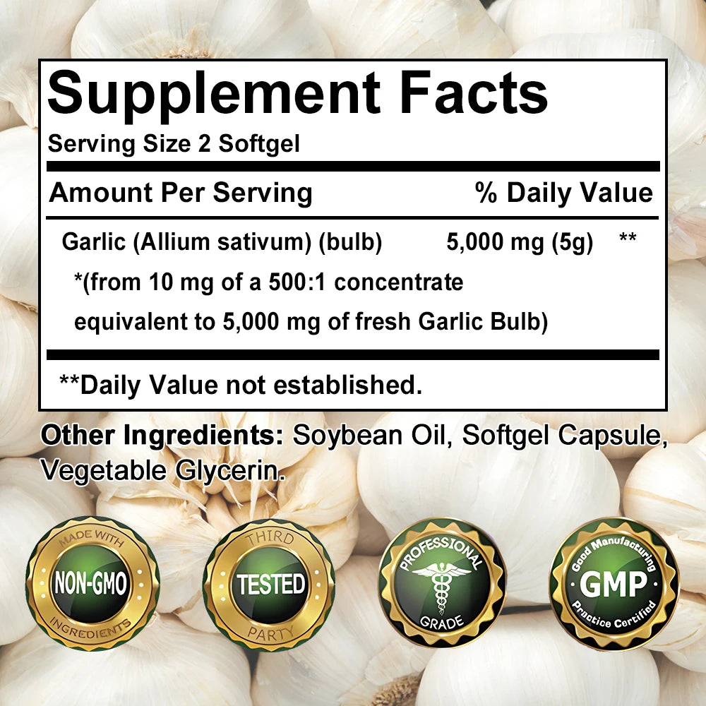 Garlic Extract, Supports Healthy Cholesterol Levels, Immune System, Circulation, Blood Pressure Balance, 120 Capsules