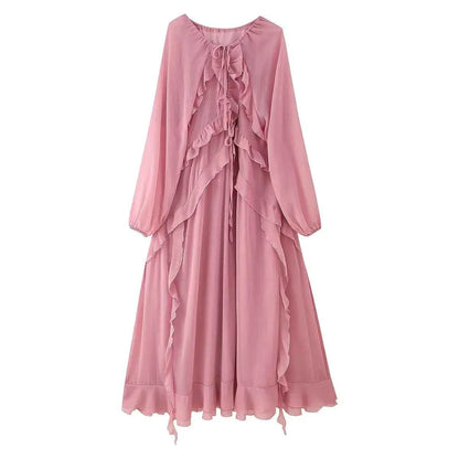 European and American style 2025 early autumn new layered ruffled long-sleeved chiffon dress