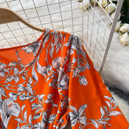 Elegant Boho Floral Print Floral Pleated Maxi Long Dress Female V Neck Puff Sleeve Belt Dresses Women Summer Dress Robe