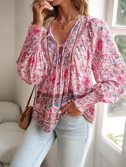 2024 Summer Fashion New Women's Elegant Casual Printed V-neck Shirt with Bubble Sleeves and Loose Commuting Style Top - AMULET RING STORE