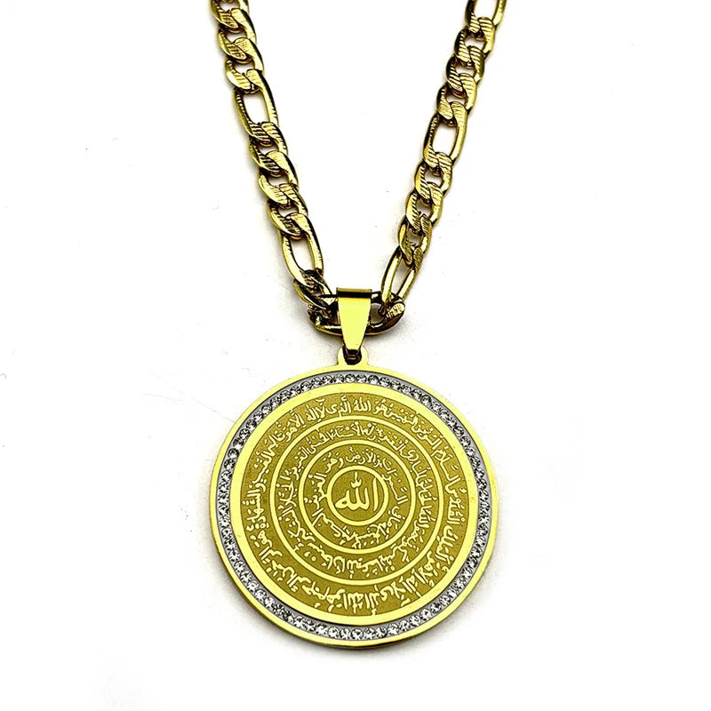 Allah Quran Arabic Letter Rhinestones Necklaces Women Men Stainless Steel Gold Color Islam Muslim Necklace Men Chains Jewelry