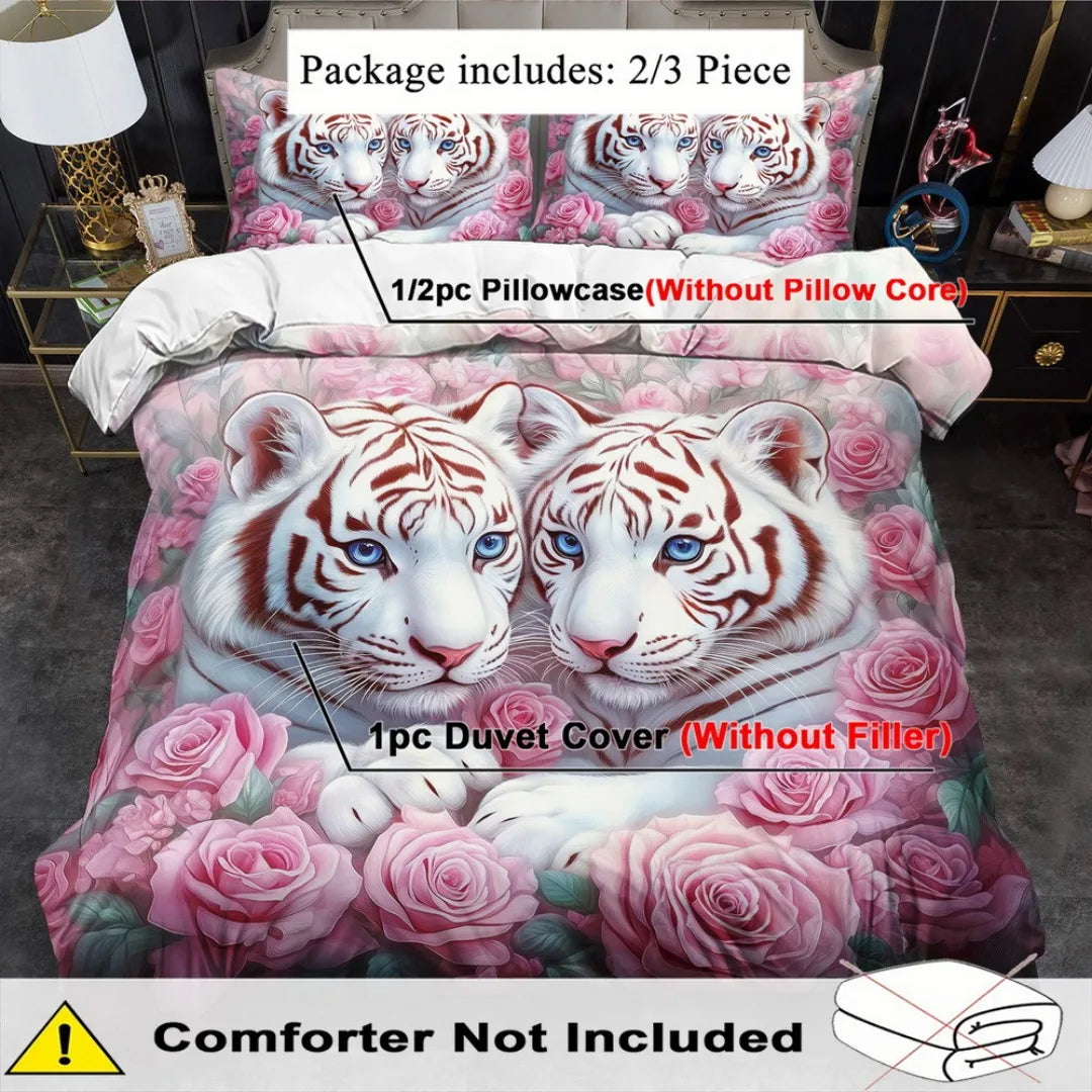 3pcs Fashion Bedding Set Tiger Pink Rose Digital Print Comfortable Breathable Duvet Cover King Queen Twin Single Size for Gift