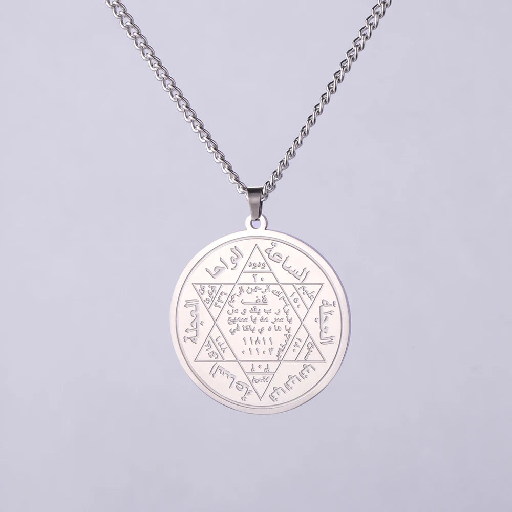 Three Hebrew letters are written on the necklace