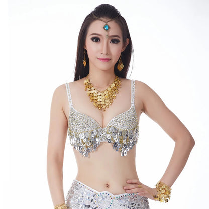 Sexy Women's Beaded Grape Shape Sequins Embellished Chrysanthemum Bra B/ C Cup Belly Dance Underwear Push-up  Dancing Lasdy Top