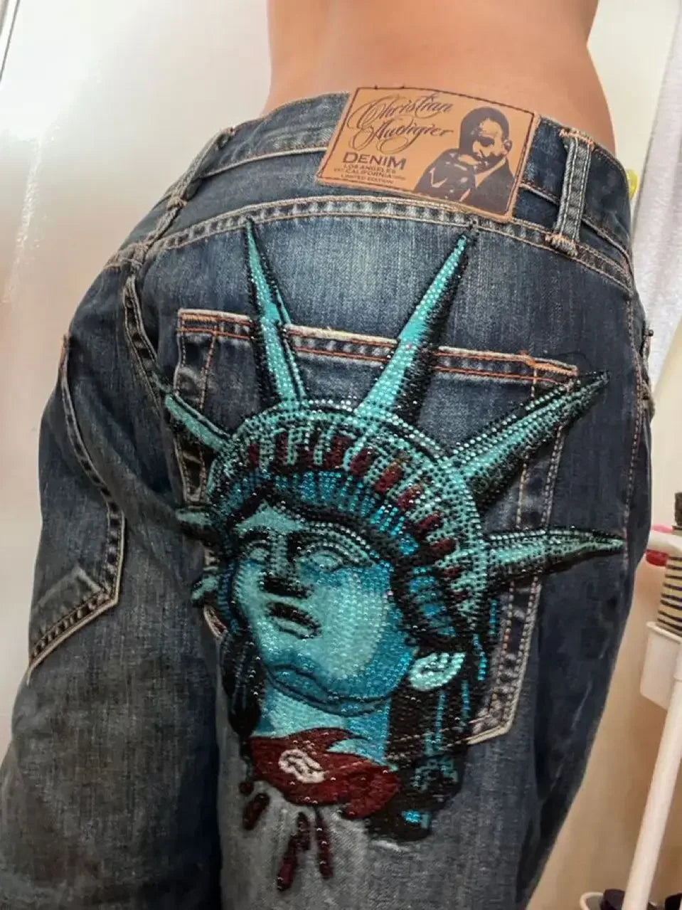 Y2k 2000s Statue of liberty Diamonds Denim Pants High Waist Straight Women Casual Wide Leg Jeans Harajuku Vintage Women Clothing - AMULET RING STORE