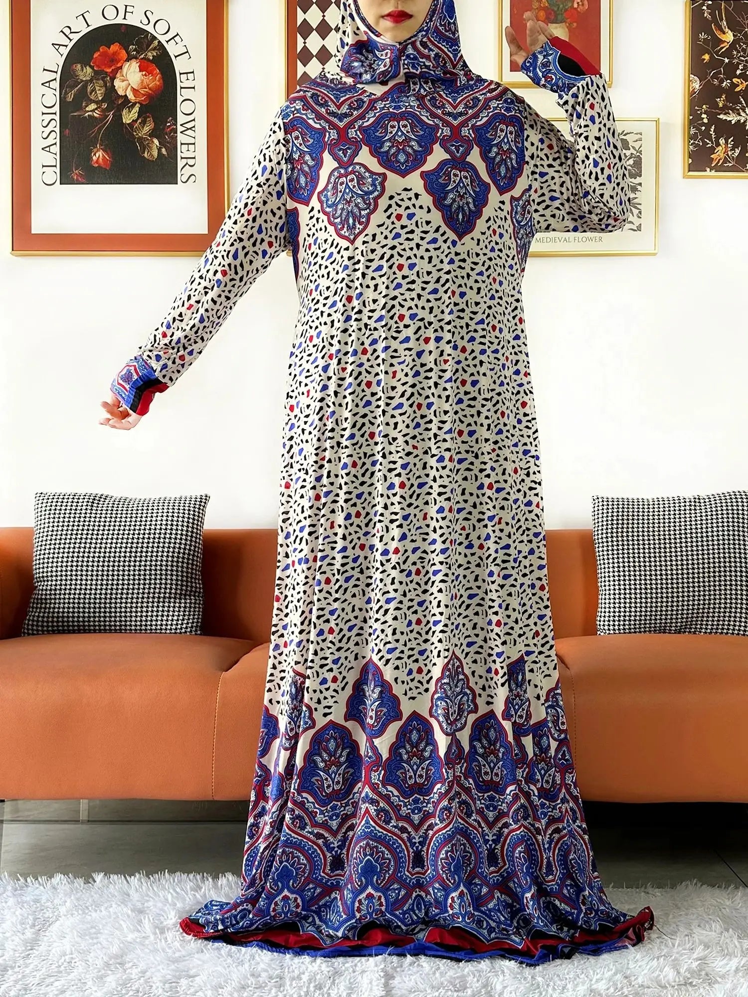 2025 Floral Ramadan Muslim Dress Solid Color Khimar Kaftan Abaya Robe with Attached Hijab Middle East Prayer Garment for Women - AMULET RING STORE