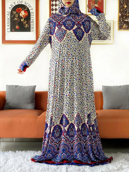 2025 Floral Ramadan Muslim Dress Solid Color Khimar Kaftan Abaya Robe with Attached Hijab Middle East Prayer Garment for Women - AMULET RING STORE